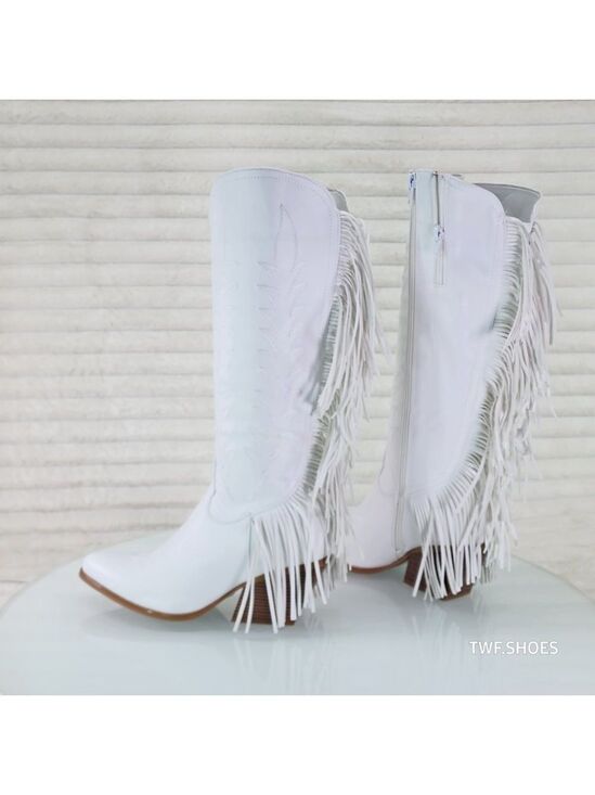 Pierre Dumas Shoes - Dusty Roads Bright White Back Fringe Cowboy Western Cowgirl Boots Tuck Zipper